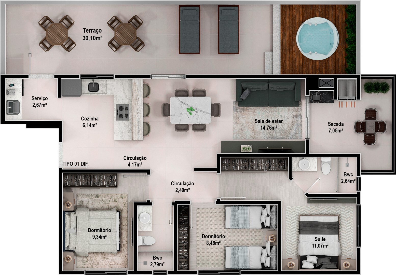 Planta 03 - 3 dorm 114 19m² - garden