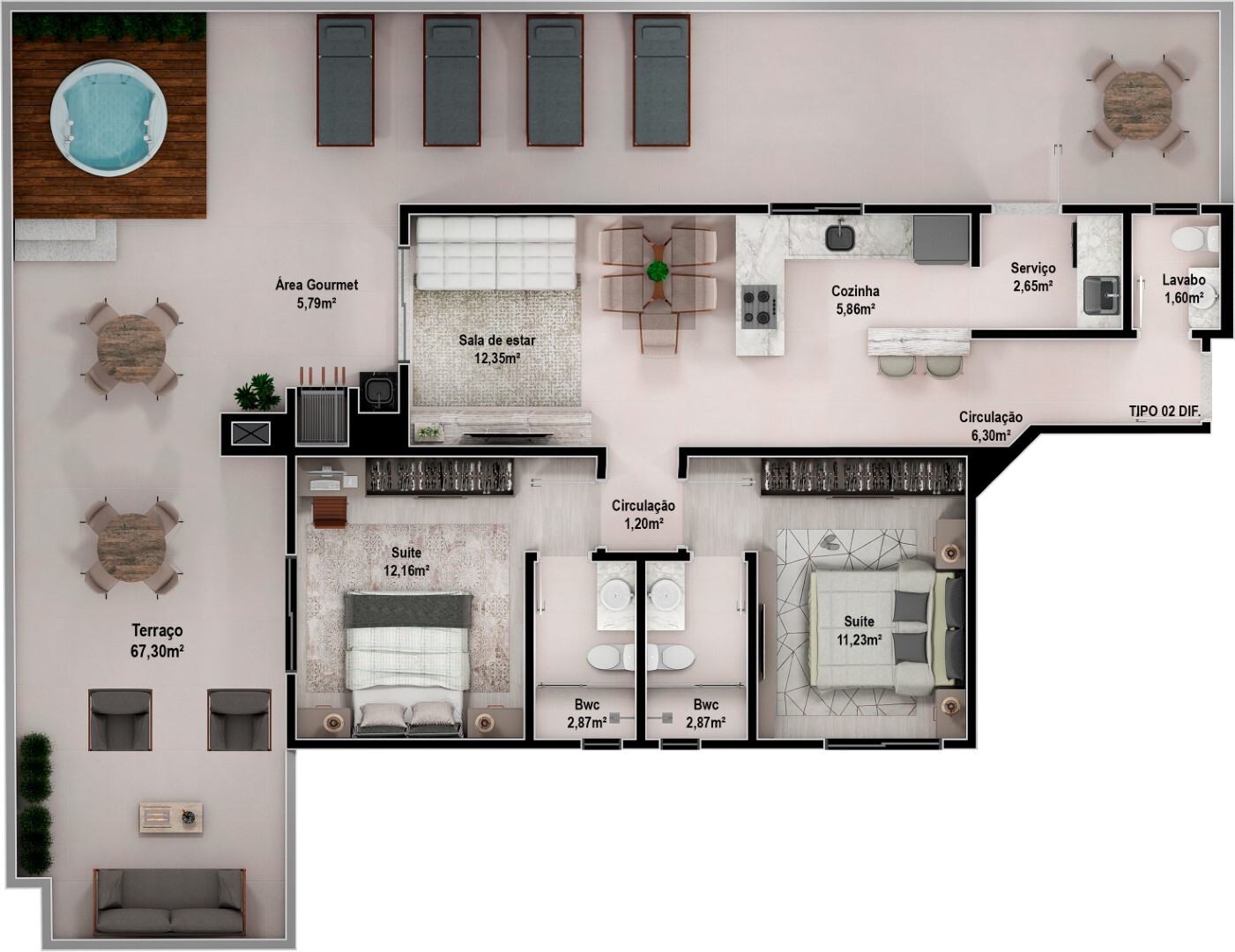 Planta 04 - 2 dorm 146 86m² - garden