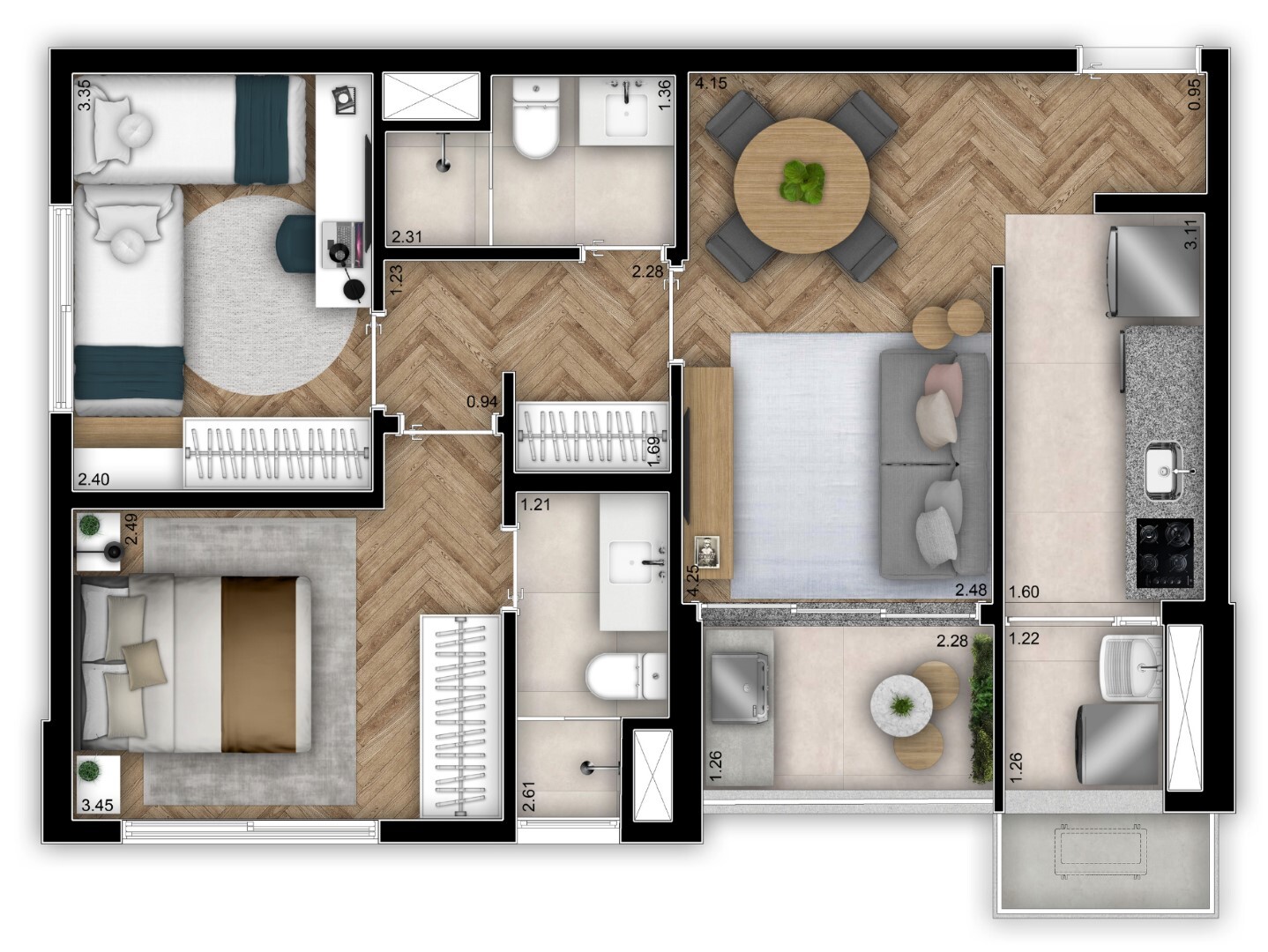 Planta 01 - 2 dorm 59m²
