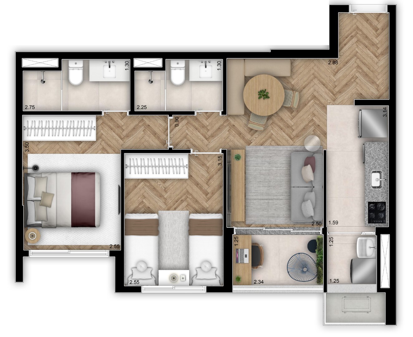 Planta 02 - 2 dorm 61m²