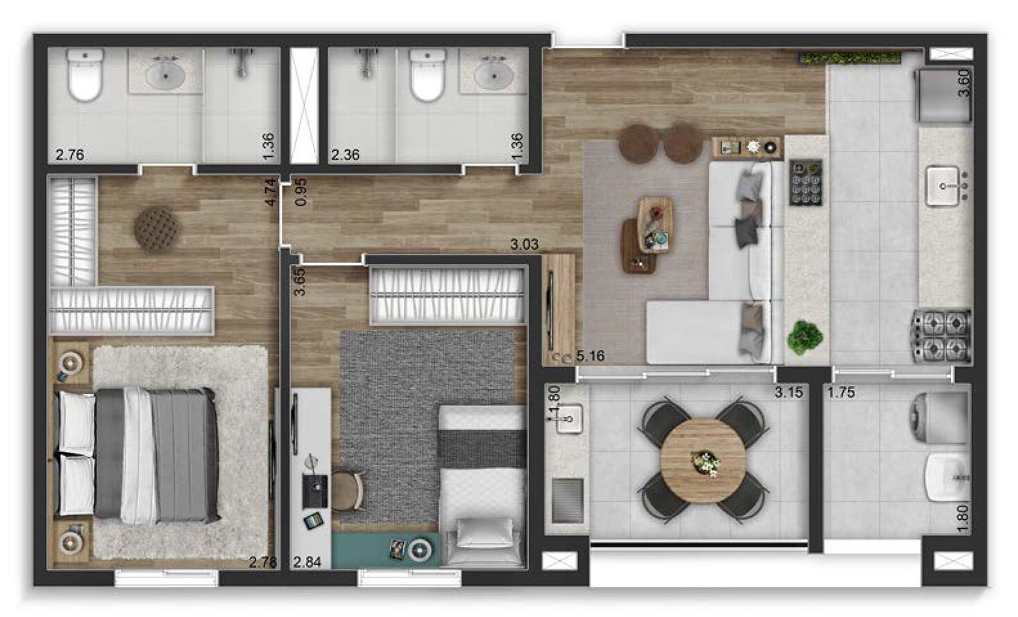 Planta 01 - 2 dorm 75m²