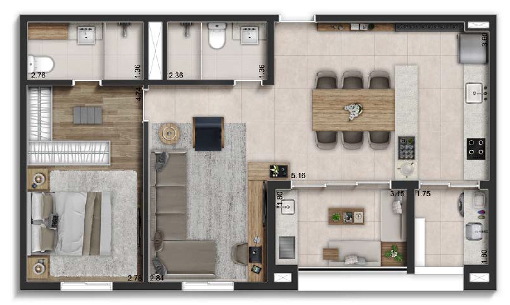 Planta 02 - 1 dorm 75m² - opção 1