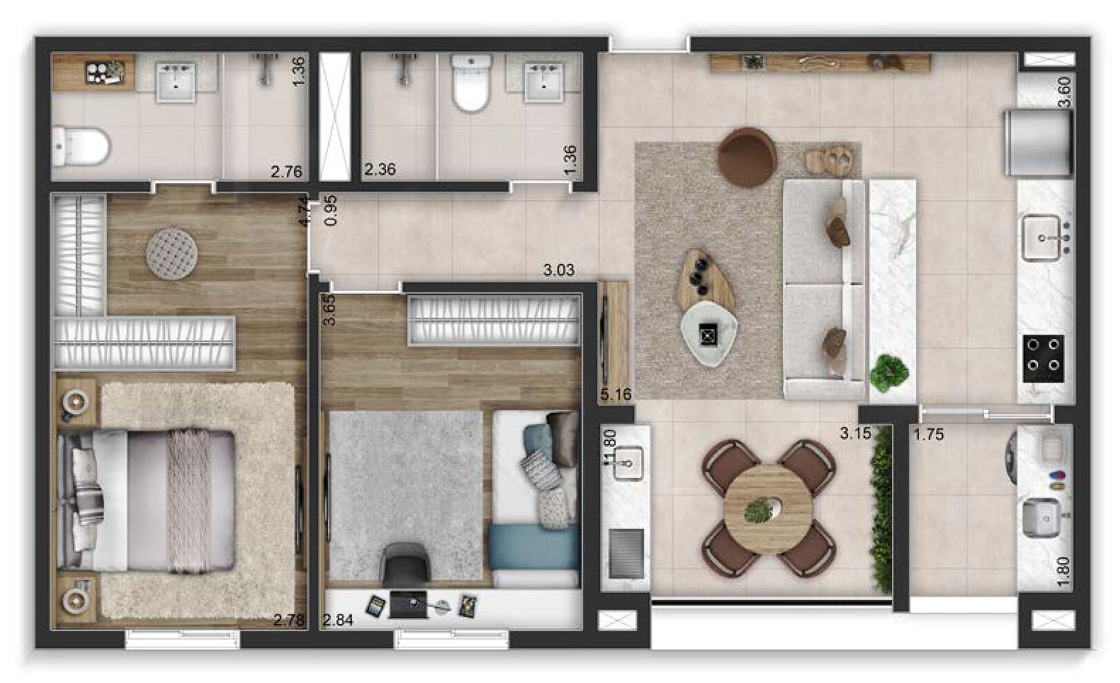 Planta 03 - 2 dorm 75m² - opção 2