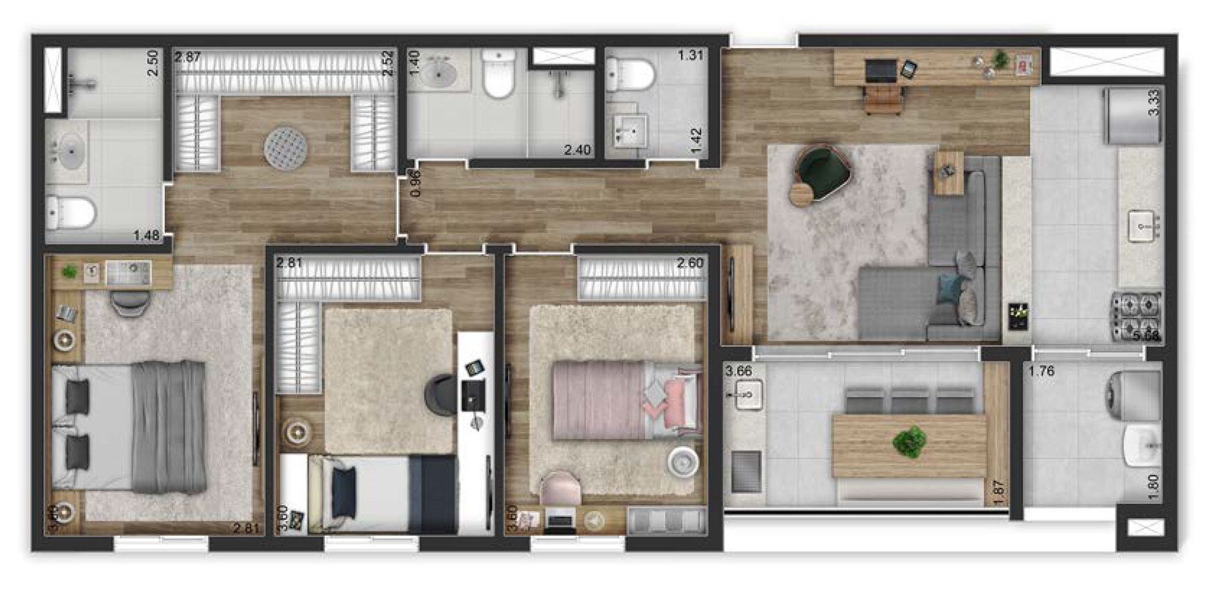 Planta 04 - 3 dorm 96m²