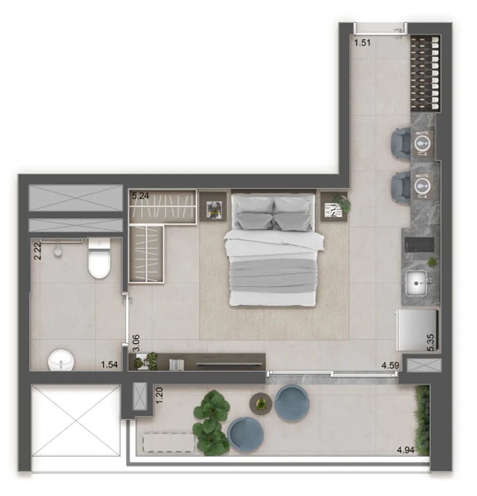 Planta 03 - 1 dorm 37m² - studio