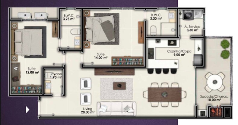 Planta 01 - 2 dorm 92m²