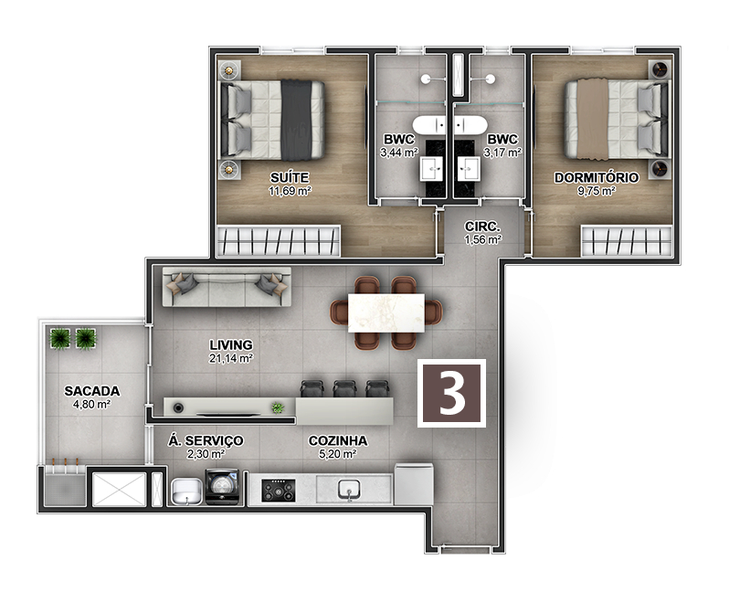 Planta 01 - 2 dorm 73 34m²