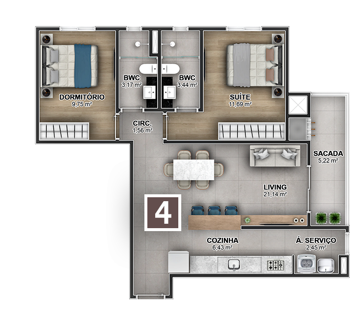 Planta 02 - 2 dorm 73 34m²