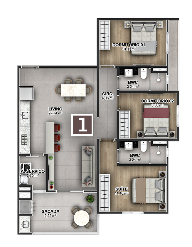 Planta 03 - 3 dorm 92 06m²