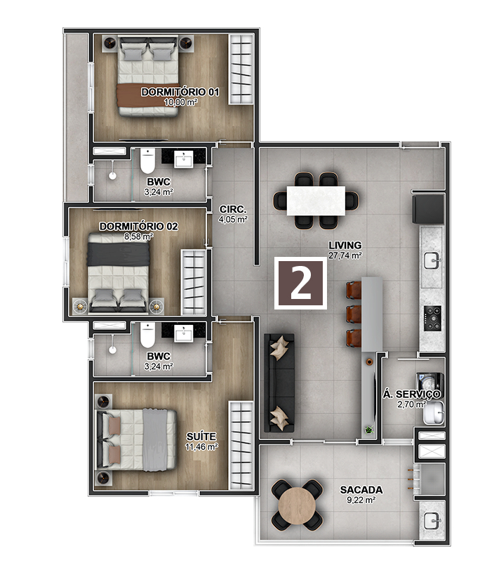 Planta 04 - 3 dorm 92 06m²