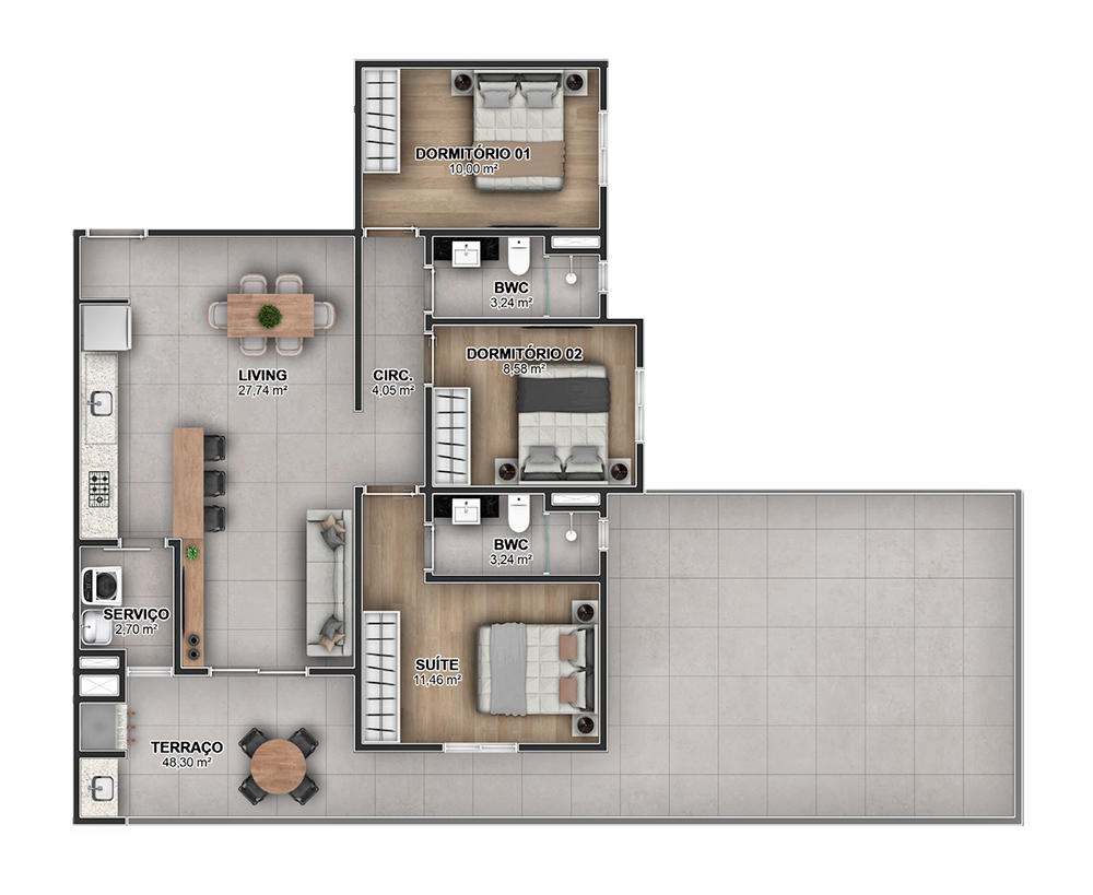 Planta 05 - 3 dorm 156m² - garden