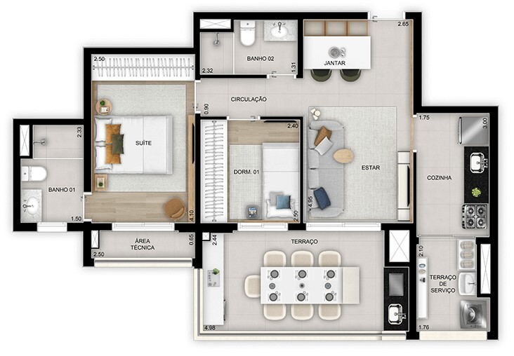 Planta 01 - 2 dorm 72m²