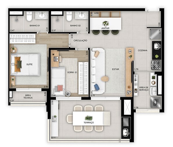 Planta 02 - 2 dorm 75m²