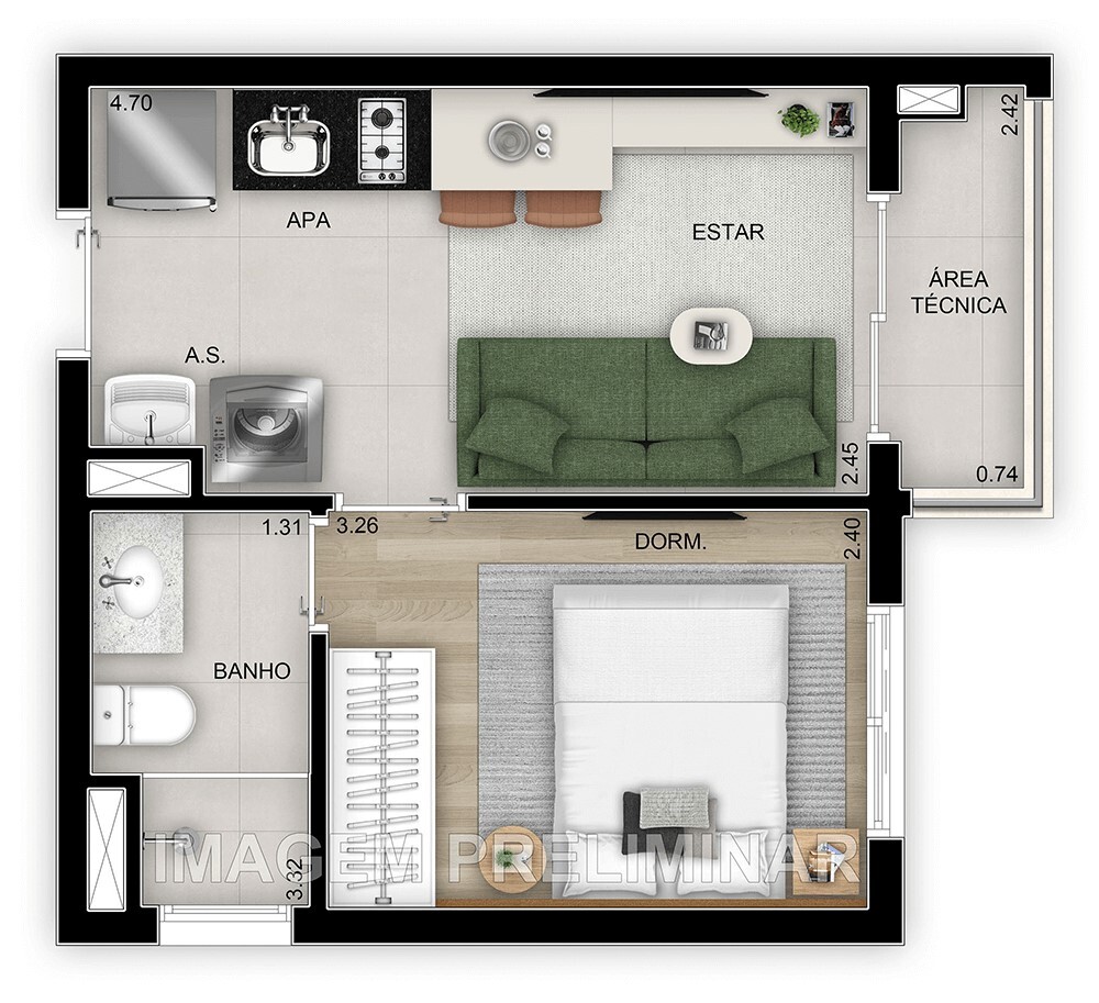 Planta 01 - 1 dorm 29m²
