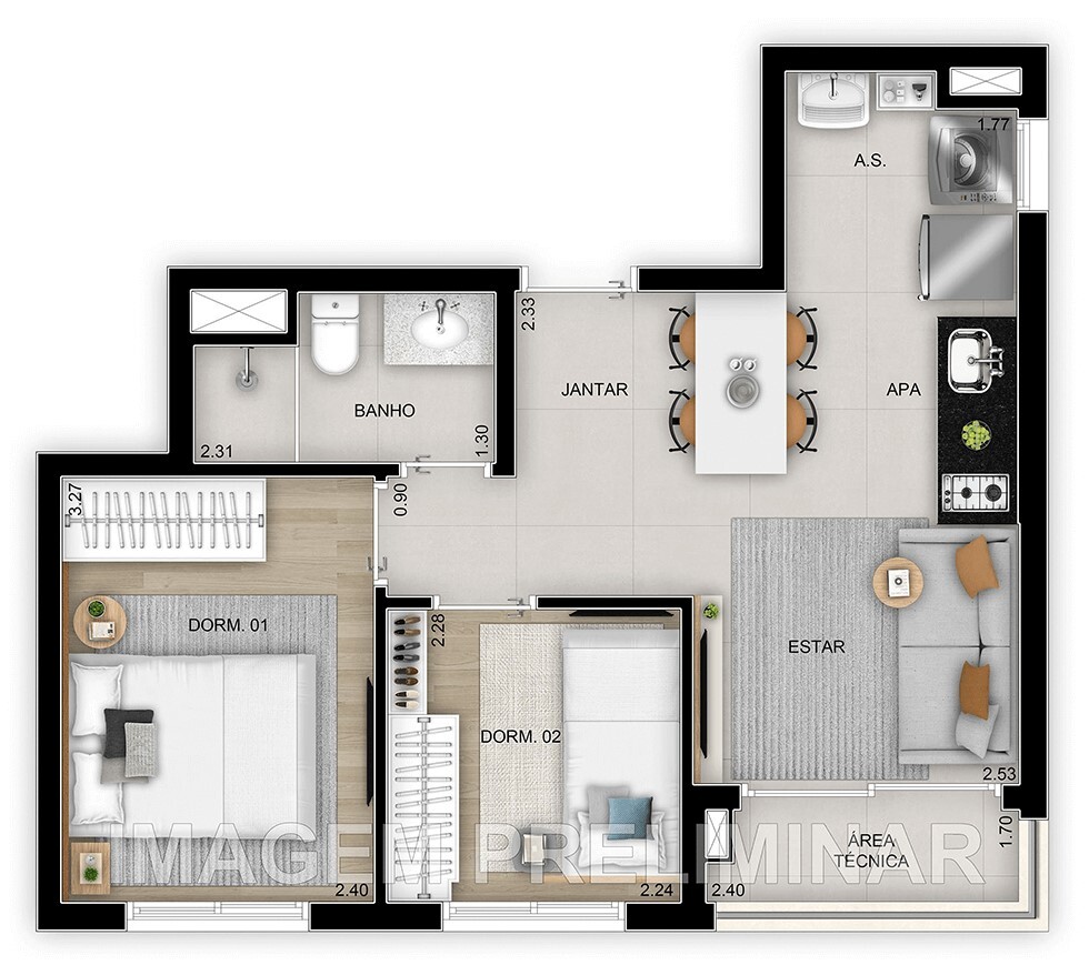 Planta 02 - 2 dorm 42m²