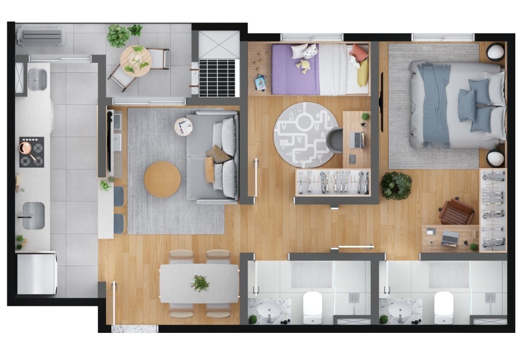 Planta 01 - 2 dorm 52 99m²