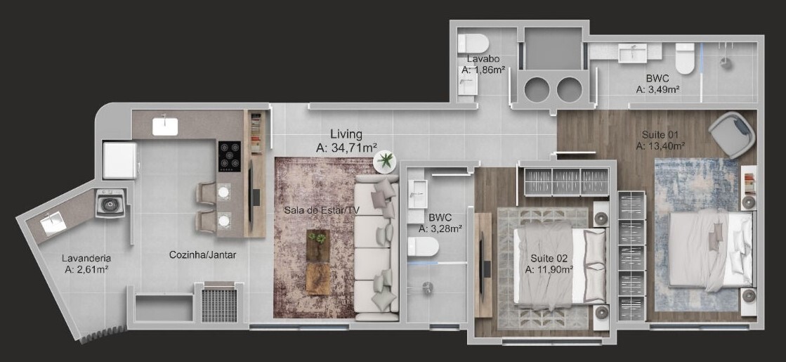 Planta 01 - 2 dorm 74 30m²