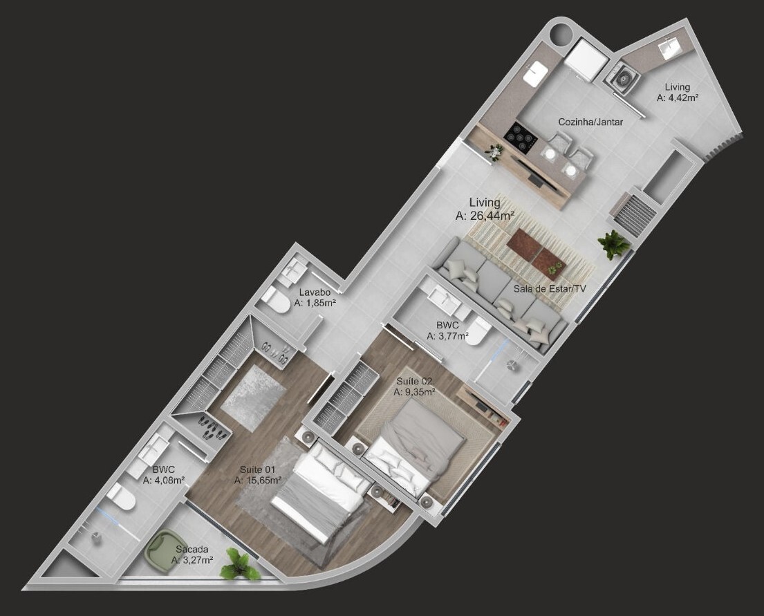 Planta 02 - 2 dorm 80 17m²