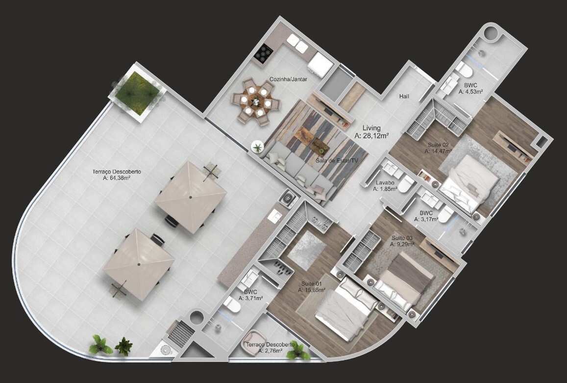 Planta 08 - 3 dorm 166 88m² - cobertura horizontal