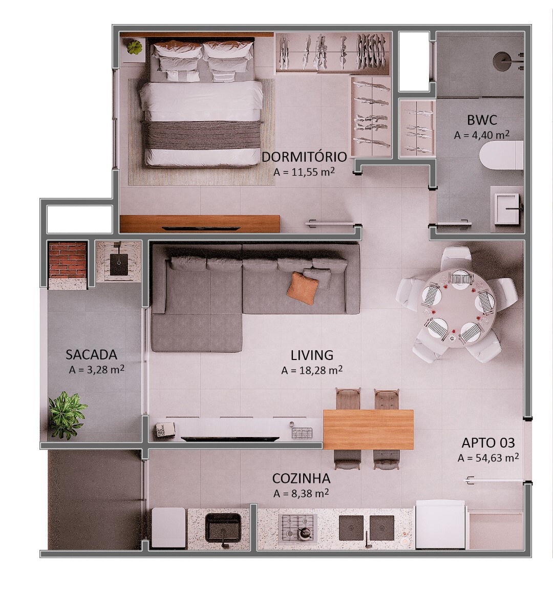 Planta 01 - 1 dorm 54 63m²