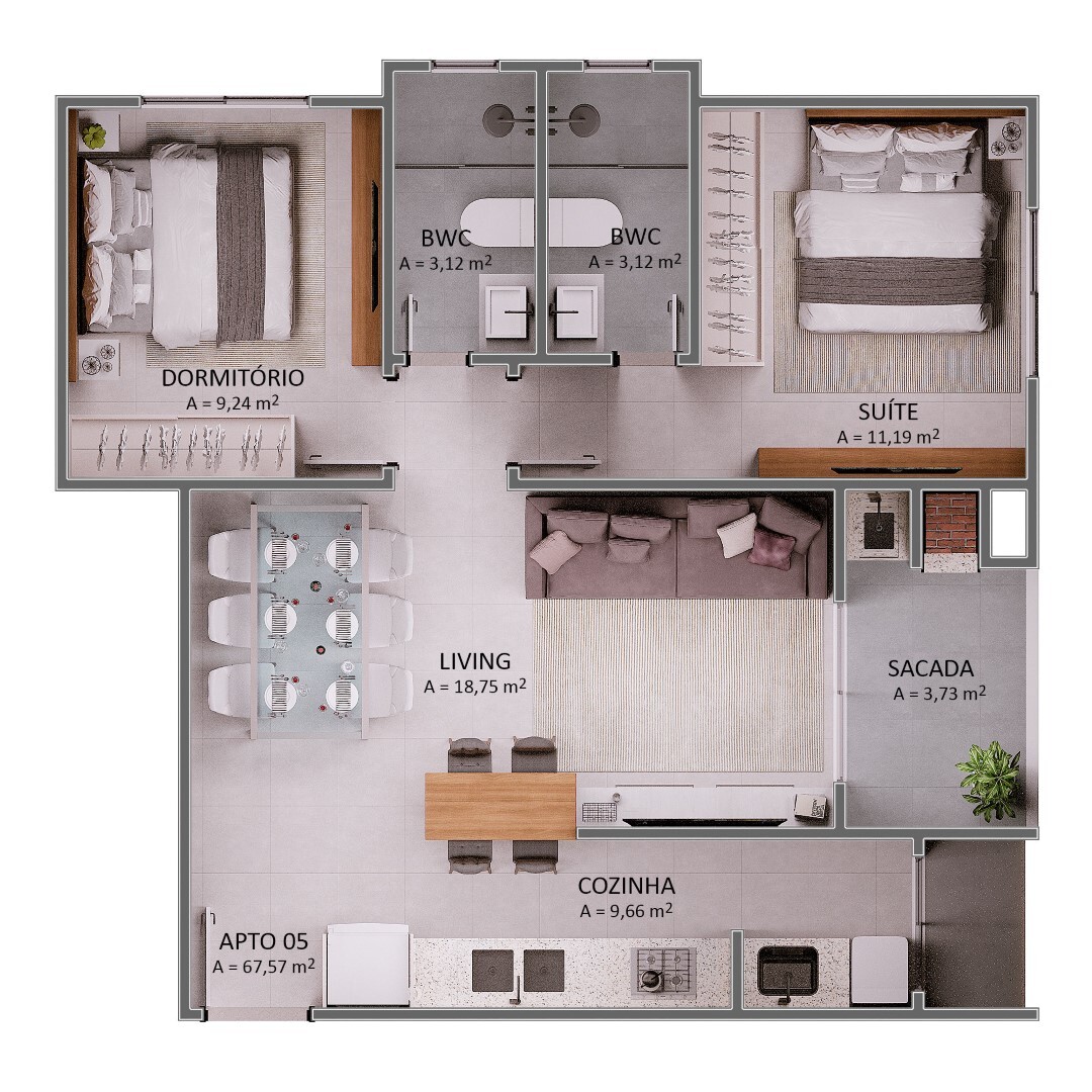 Planta 02 - 2 dorm 67 57m²