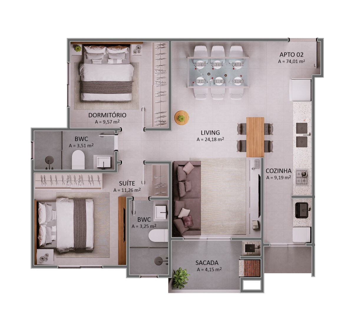 Planta 03 - 2 dorm 74 01m²