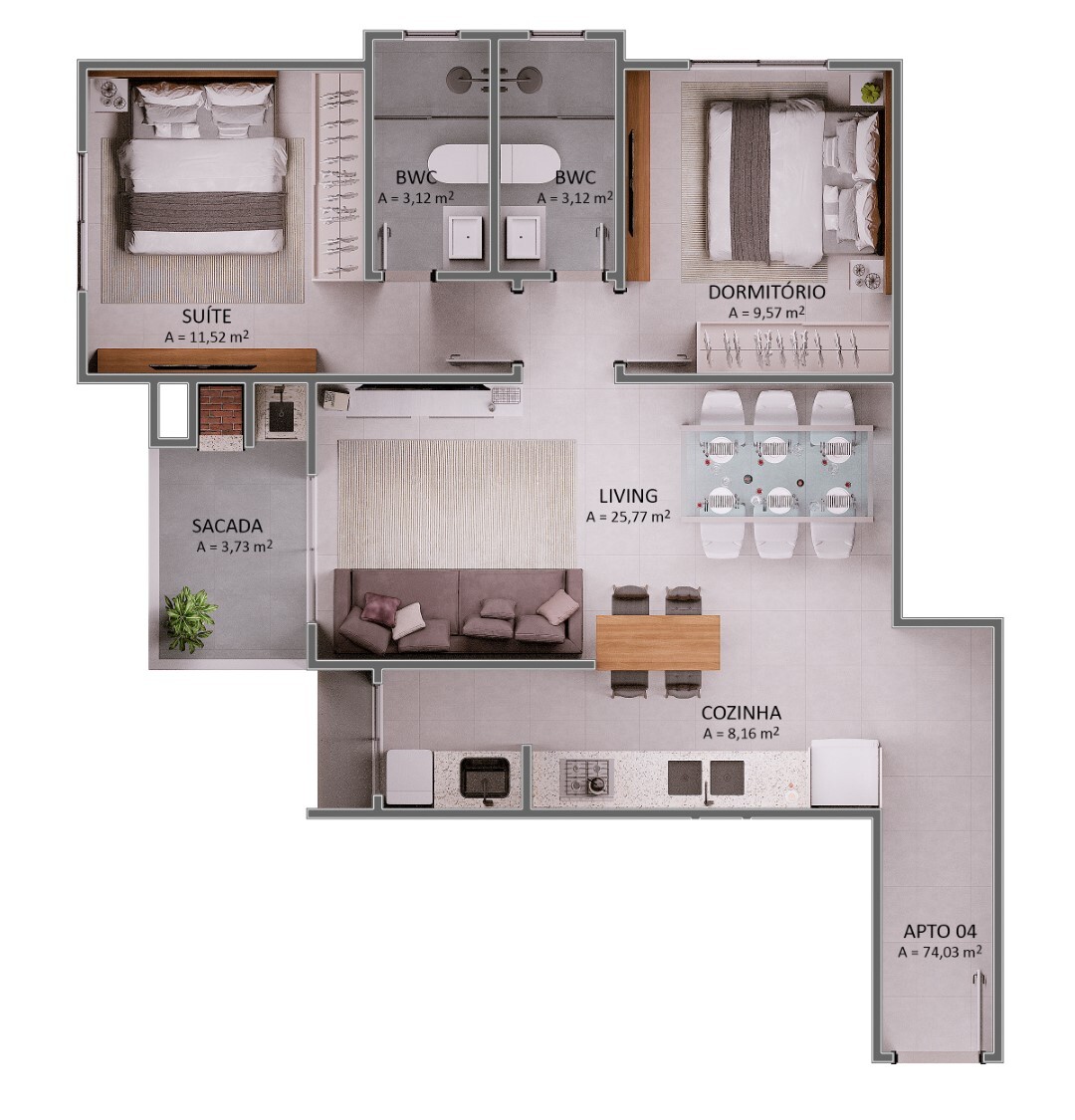 Planta 04 - 2 dorm 74 03m²