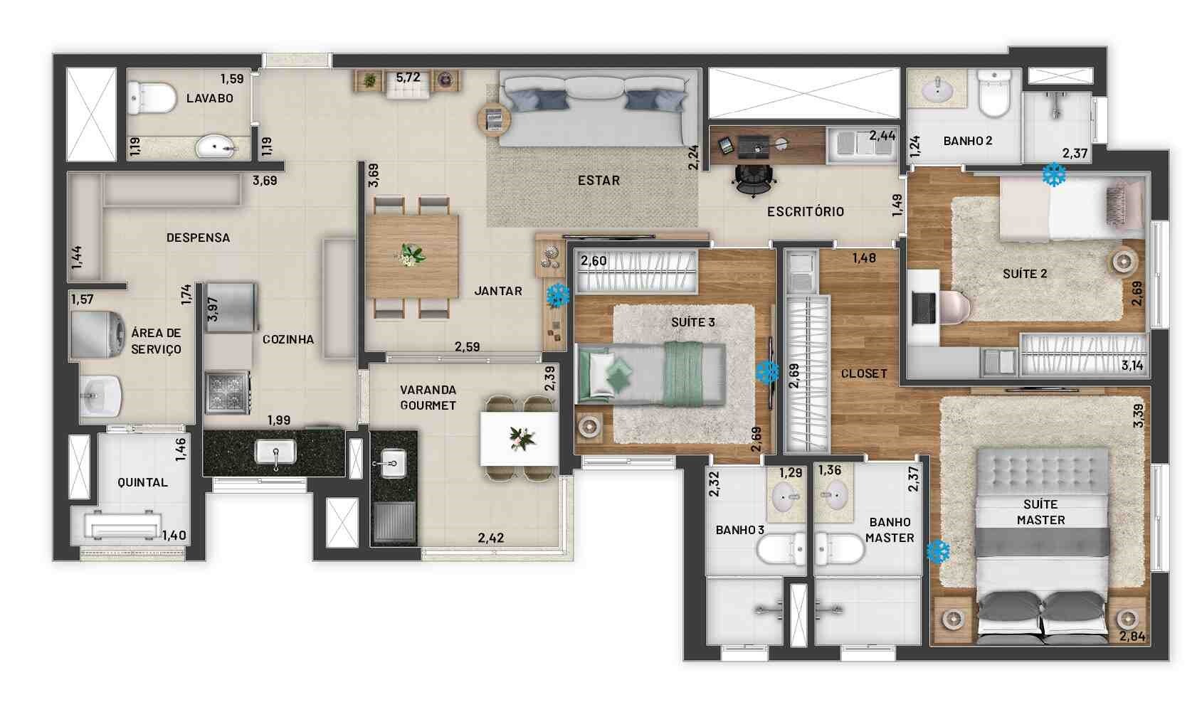 Planta 02 - 3 dorm 98m²