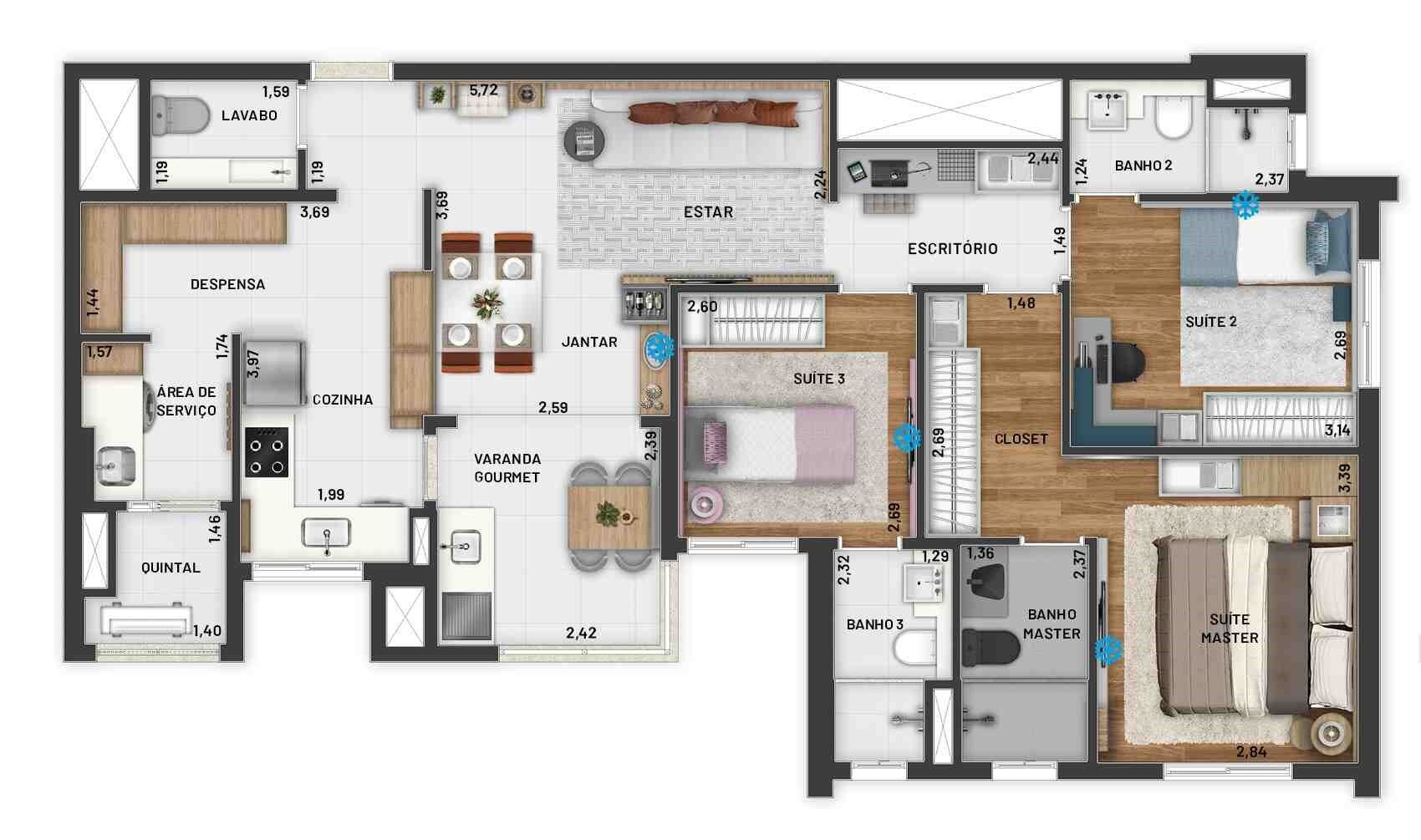 Planta 03 - 3 dorm 98m²
