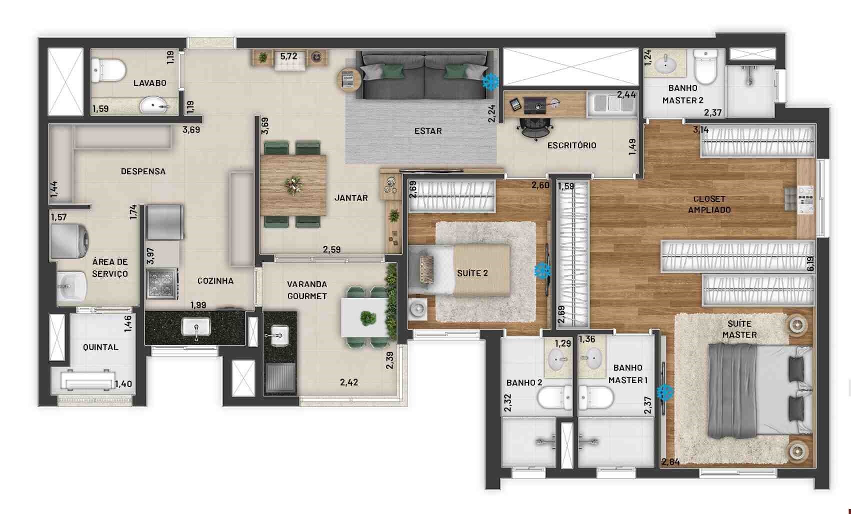 Planta 06 - 2 dorm 98m² - opção 3