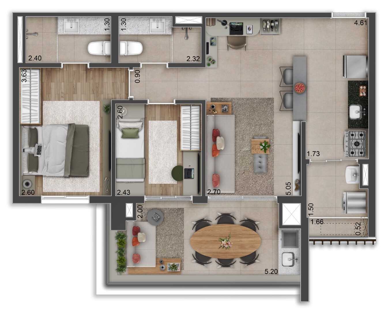 Planta 01 - 2 dorm 69m²