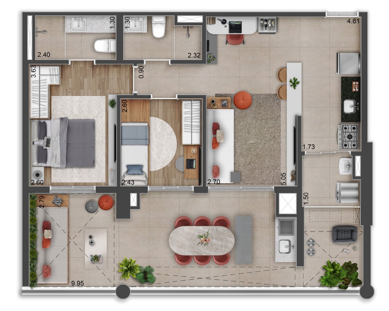 Planta 02 - 2 dorm 90m² - garden