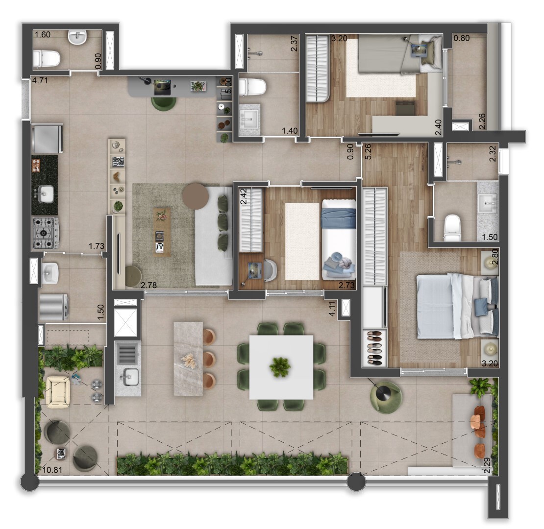 Planta 04 - 3 dorm 121m² - garden