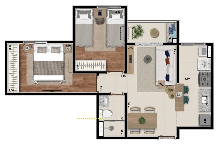 Planta 01 - 2 dorm 49 74m²
