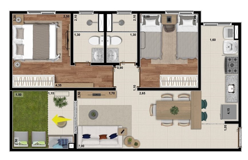Planta 05 - 2 dorm 60 15m² - garden