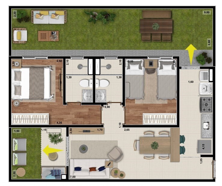 Planta 07 - 2 dorm 84 15m² - garden
