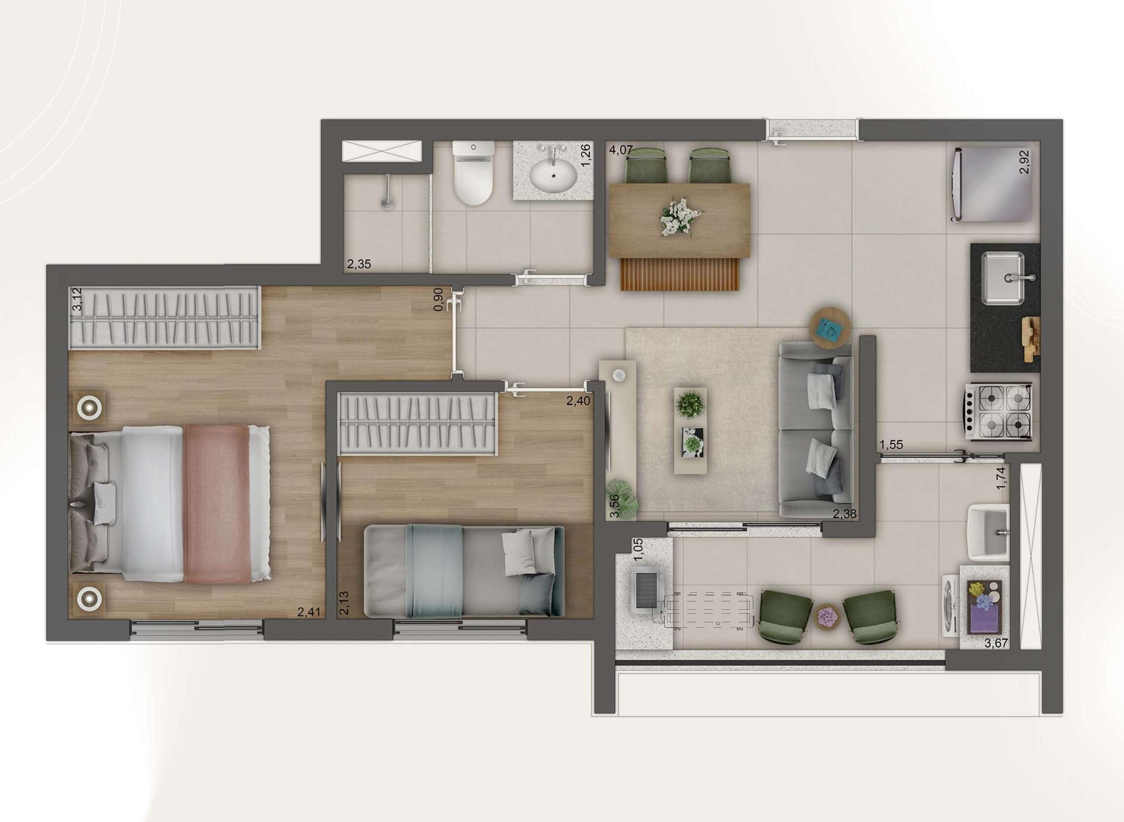 Planta 03 - 2 dorm 42m²