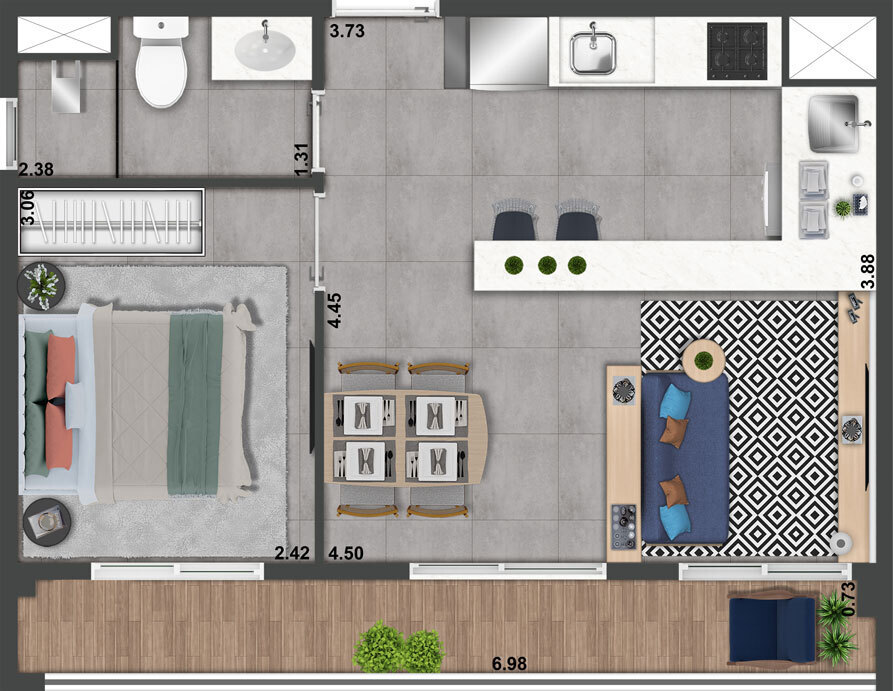 Planta 02 - 1 dorm 39 99m² - opção 1