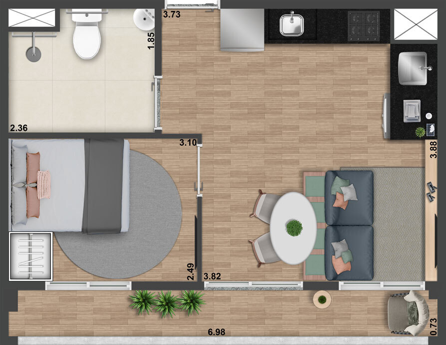 Planta 03 - 1 dorm 39 99m² - opção 2