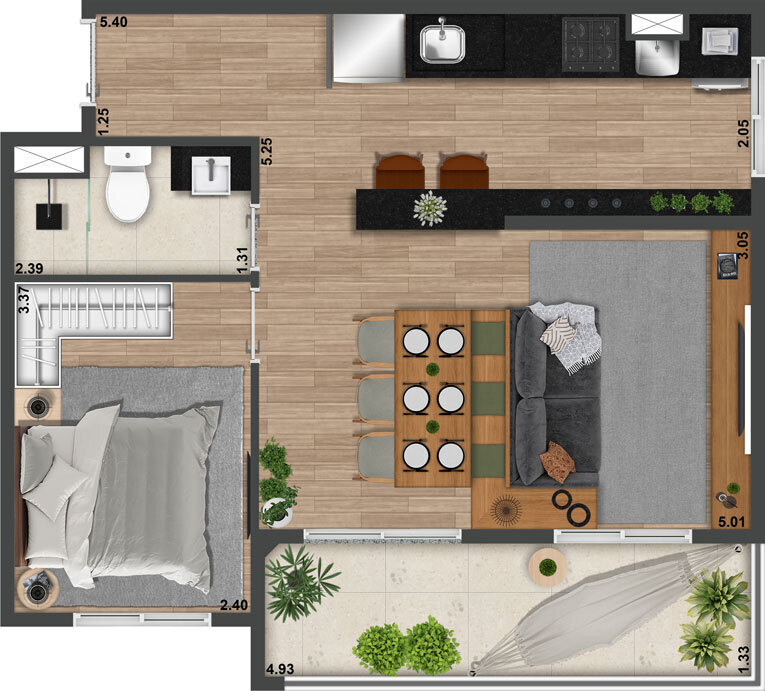 Planta 05 - 1 dorm 51 10m² - opção 1