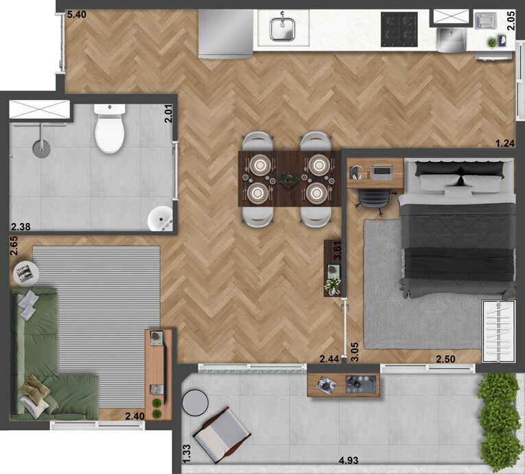 Planta 06 - 1 dorm 51 10m² - opção 2