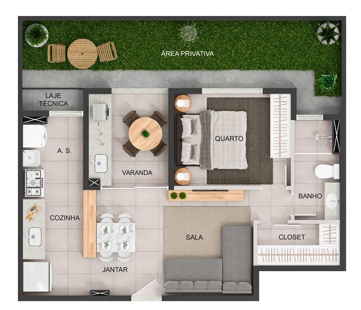 Planta 01 - 1 dorm 57m² - garden