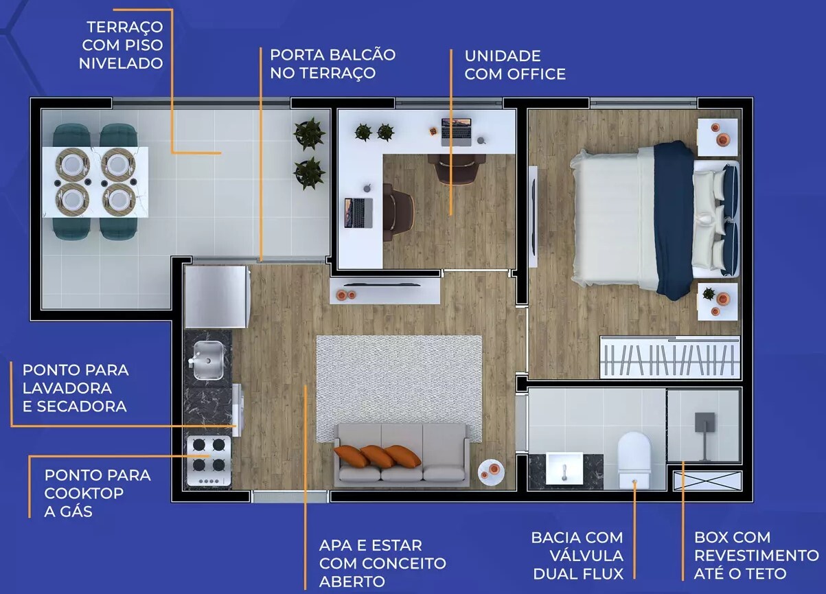 Planta 03 - 1 dorm 34m² - garden