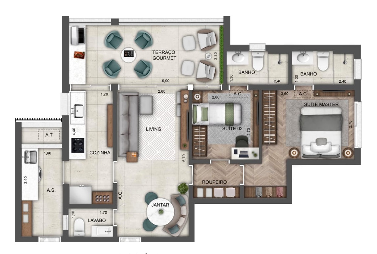 Planta 02 - 2 dorm 88m²
