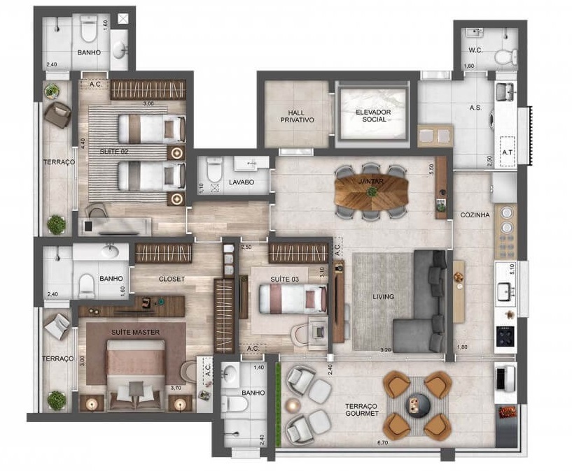 Planta 03 - 3 dorm 138m²