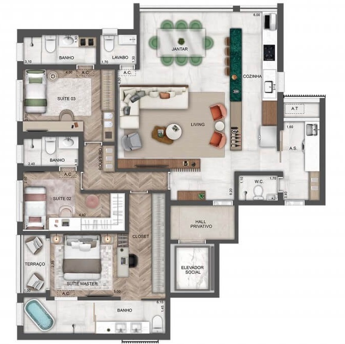 Planta 06 - 3 dorm 142m² - opção 1