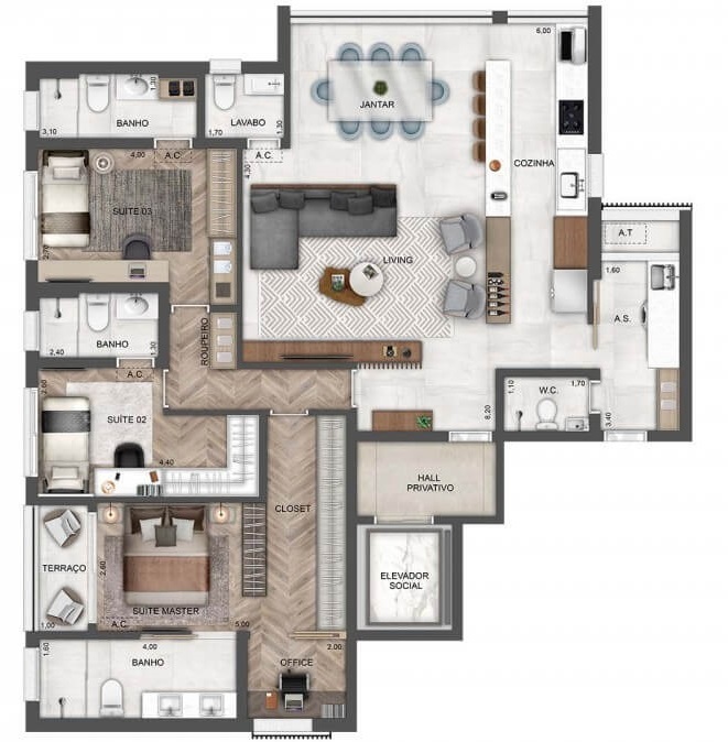 Planta 08 - 3 dorm 142m² - opção 3