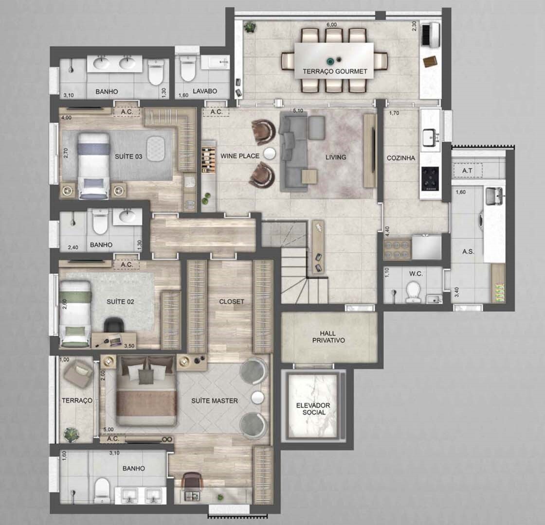 Planta 11 - 4 dorm 296m² - cobertura duplex - inferior