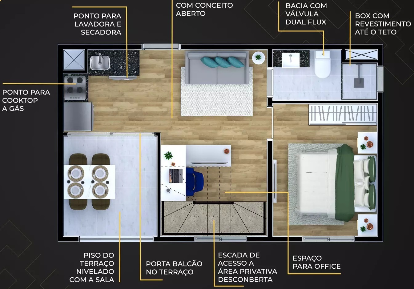 Planta 05 - 1 dorm 51m² - cobertura duplex - inferior