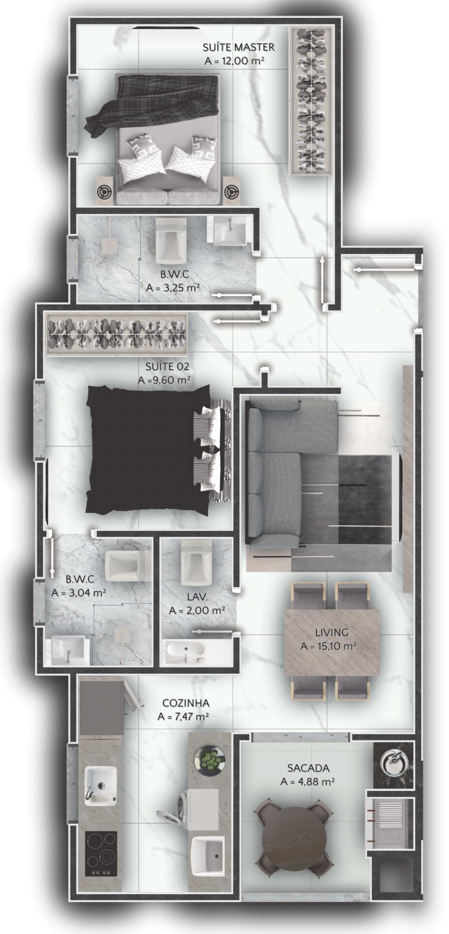 Planta 01 - 2 dorm 70m²